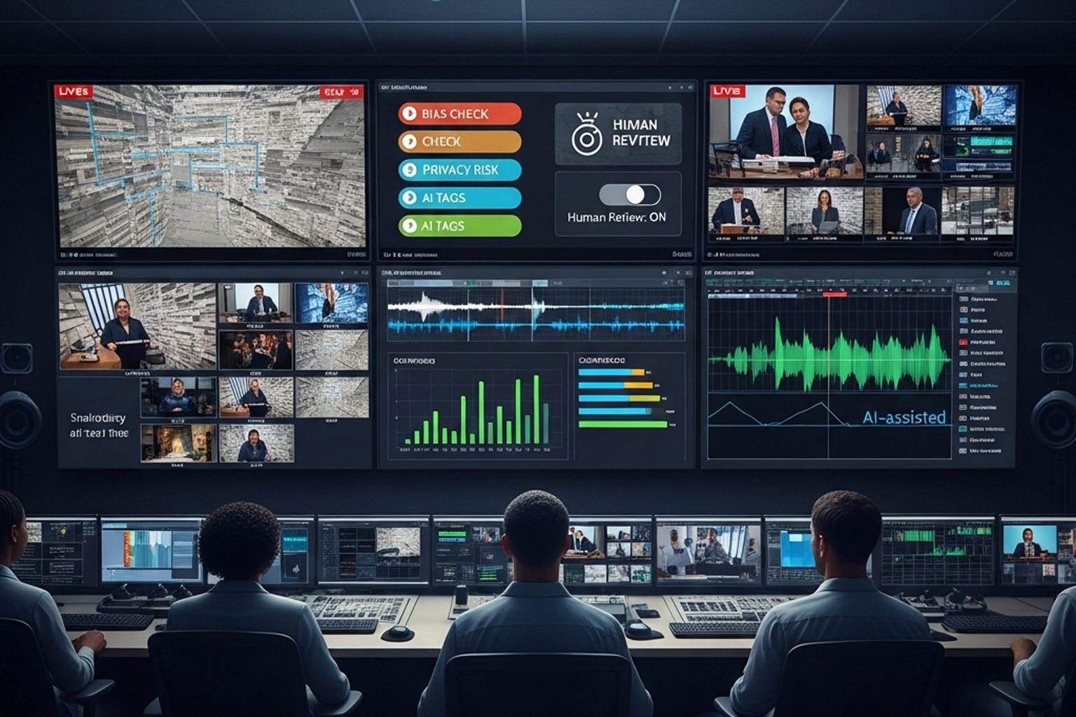 Broadcast control room with AI-powered media monitoring dashboards showing captions, bias and privacy indicators, and human review status.